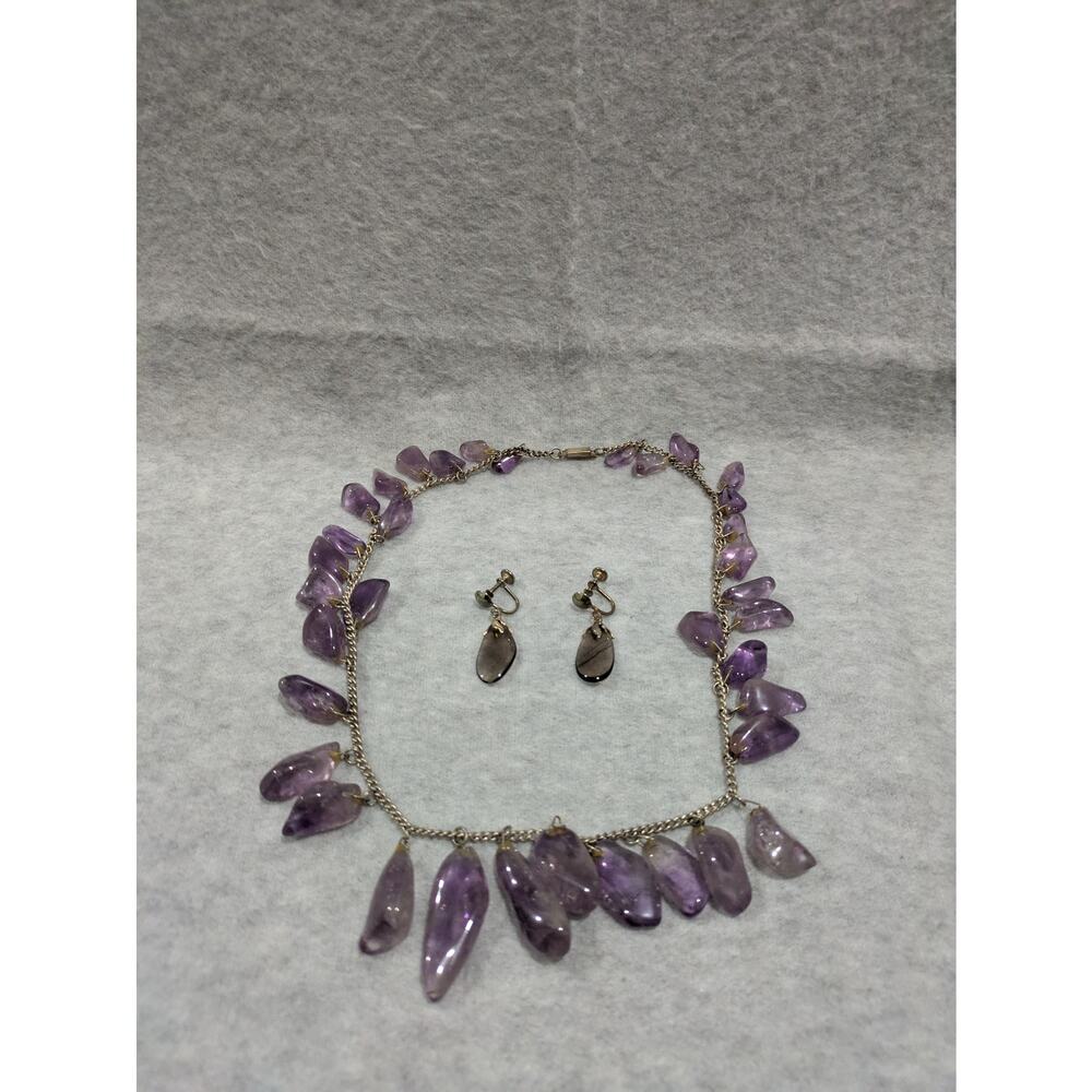 Amethyst Chip Necklace and Earring Set Drop Stones‎ Natural Gemstone Vintage